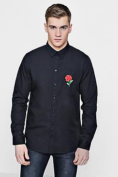 Boohoo Rose Embroidered Long Sleeve Shirt