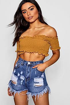 Boohoo Off The Shoulder Shirred Woven Crop