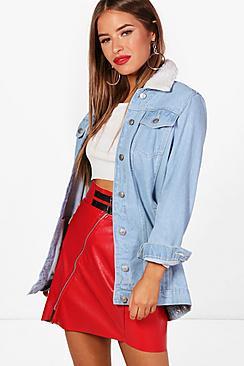 Boohoo Petite Emily Borg Collar Longline Denim Jacket