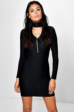 Boohoo Ava Choker Plunge Zip Bodycon Rib Dresss