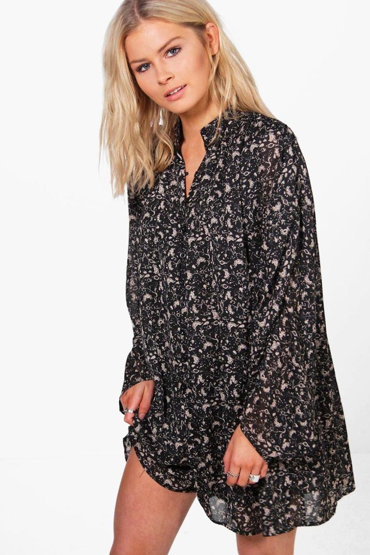 Boohoo Rose Floral Long Sleeve Playsuit Black