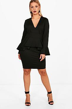 Boohoo Plus Leah Peplum Waist Flare Sleeve Dress