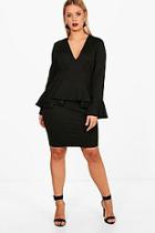 Boohoo Plus Leah Peplum Waist Flare Sleeve Dress