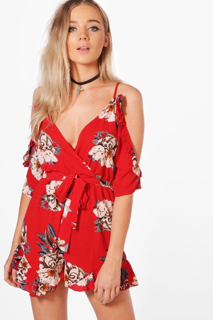 Boohoo Laurie Floral Open Shoulder Ruffle Playsuit Red