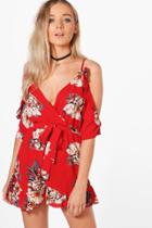 Boohoo Laurie Floral Open Shoulder Ruffle Playsuit Red