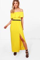Boohoo Petite Sia Off The Shoulder Frill Split Maxi Dress Freesia