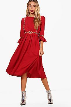 Boohoo Cici Embroidered Ruffle Sleeve Midi Dress