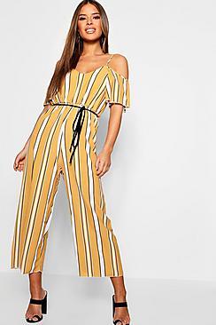 Boohoo Petite Striped Cold Shoulder Jumpsuit