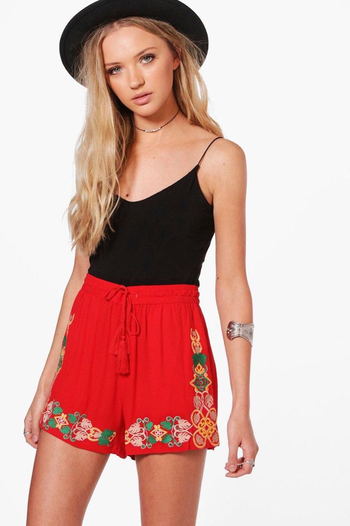 Boohoo Jenny Embroidered Tassel Tie Shorts Tomato