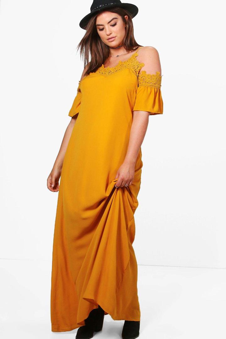 Boohoo Plus Charlotte Trim Detail Open Shoulder Maxi Dress Mustard