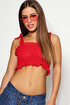 Boohoo Petite Woven Shirred Tie Strap Beach Top