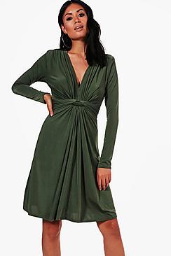 Boohoo Harriet Long Sleeve Knot Front Dress