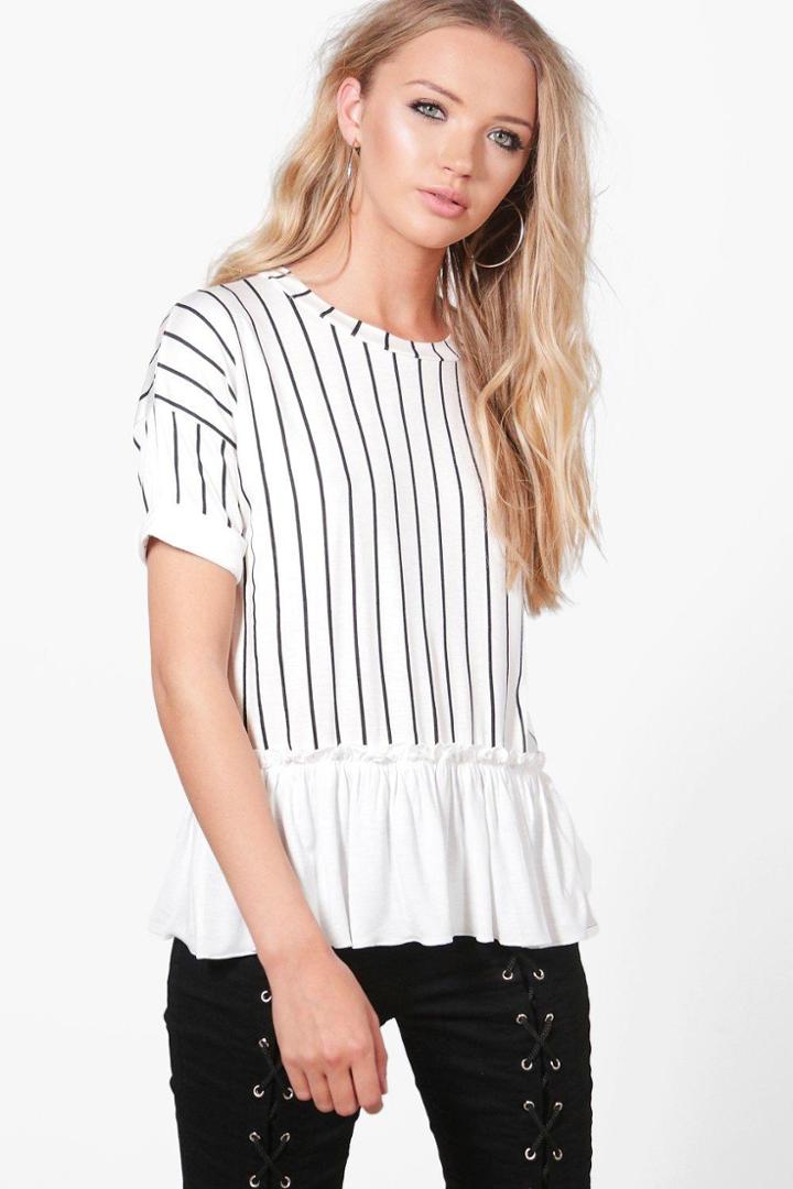 Boohoo Ria Ruffle Stripe T-shirt White