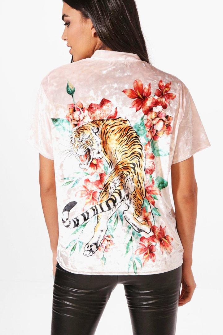 Boohoo Mia Oversized Tiger Back Velvet T-shirt Nude