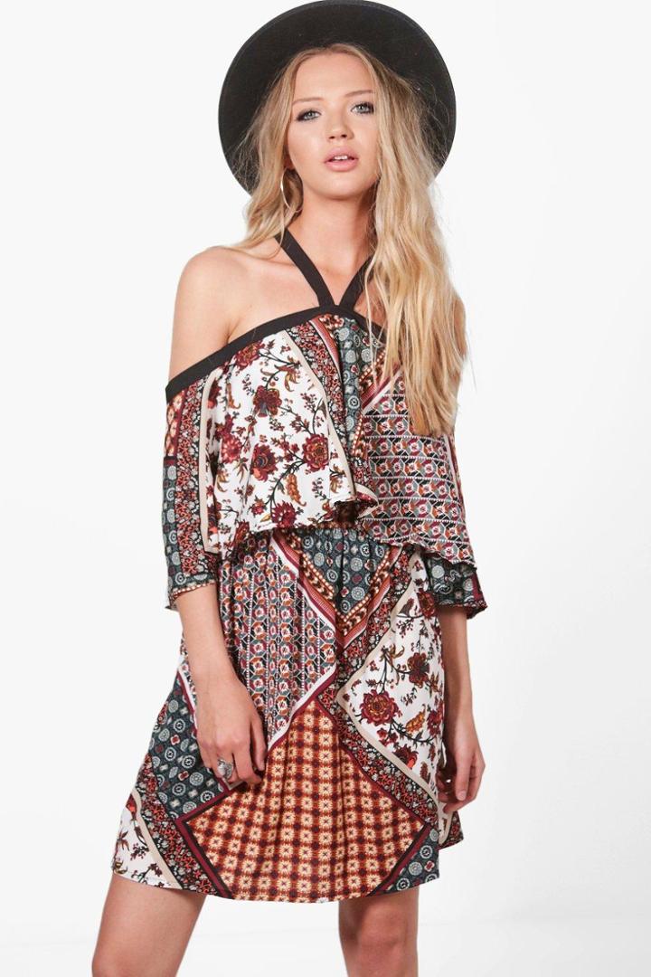 Boohoo Cerys Cold Shoulder Frill Printed Dress Multi