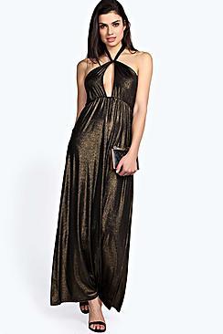 Boohoo Lavinia Metallic Twist Neck Maxi Dress
