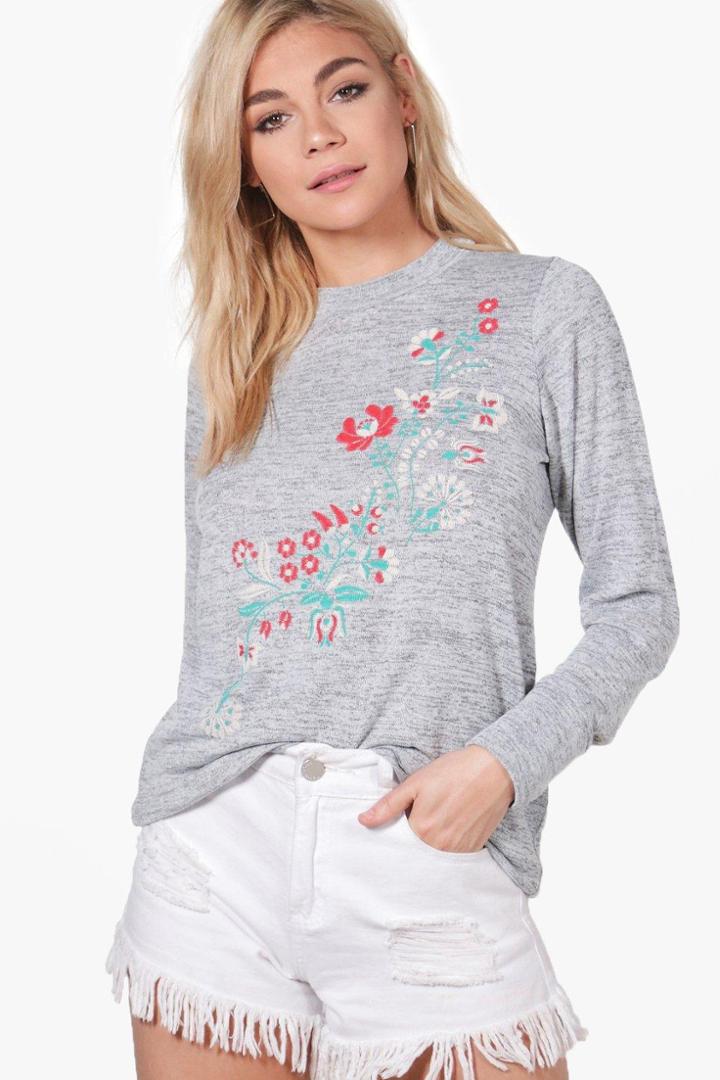 Boohoo Paige Floral Embroidered Print Knitted Tunic Grey