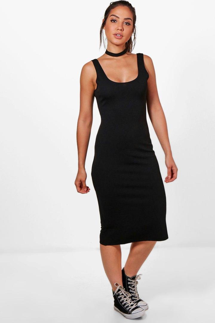 Boohoo Tanya Waffle Bodycon Strappy Midi Dress Black