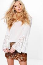 Boohoo Evie Lace Fluted Sleeve Cotton Top White