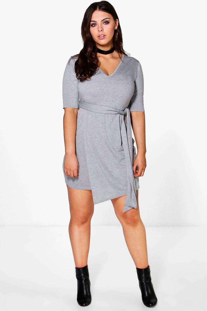 Boohoo Plus Harriet V-neck Tie Front Shift Dress Grey