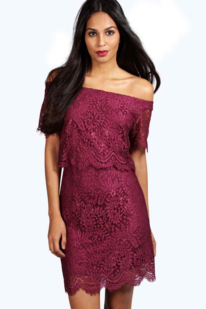 Boohoo Effy Eyelash Lace Layered Mini Dress Berry