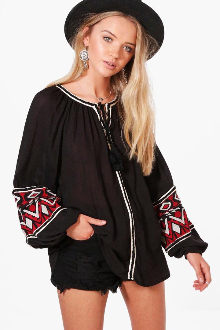 Boohoo Victoria Boutique Embroidered Woven Tunic Black