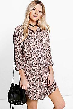 Boohoo Stassy Snake Print Shirt Dress