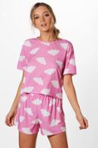 Boohoo Faye Cloud Print T-shirt And Short Set Pink