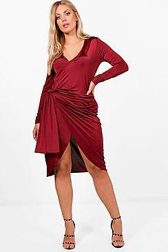 Boohoo Plus Long Sleeve Strappy Knot Wrap Midi Dress