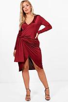Boohoo Plus Long Sleeve Strappy Knot Wrap Midi Dress
