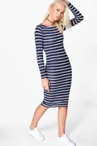 Boohoo Penny Sripe Long Sleeve Midi Dress Navy