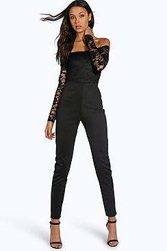 Boohoo Tall Kami Lace Off The Shoulder Jumpsuit
