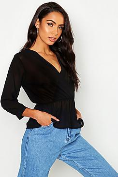 Boohoo Woven Wrap Peplum Hem Blouse