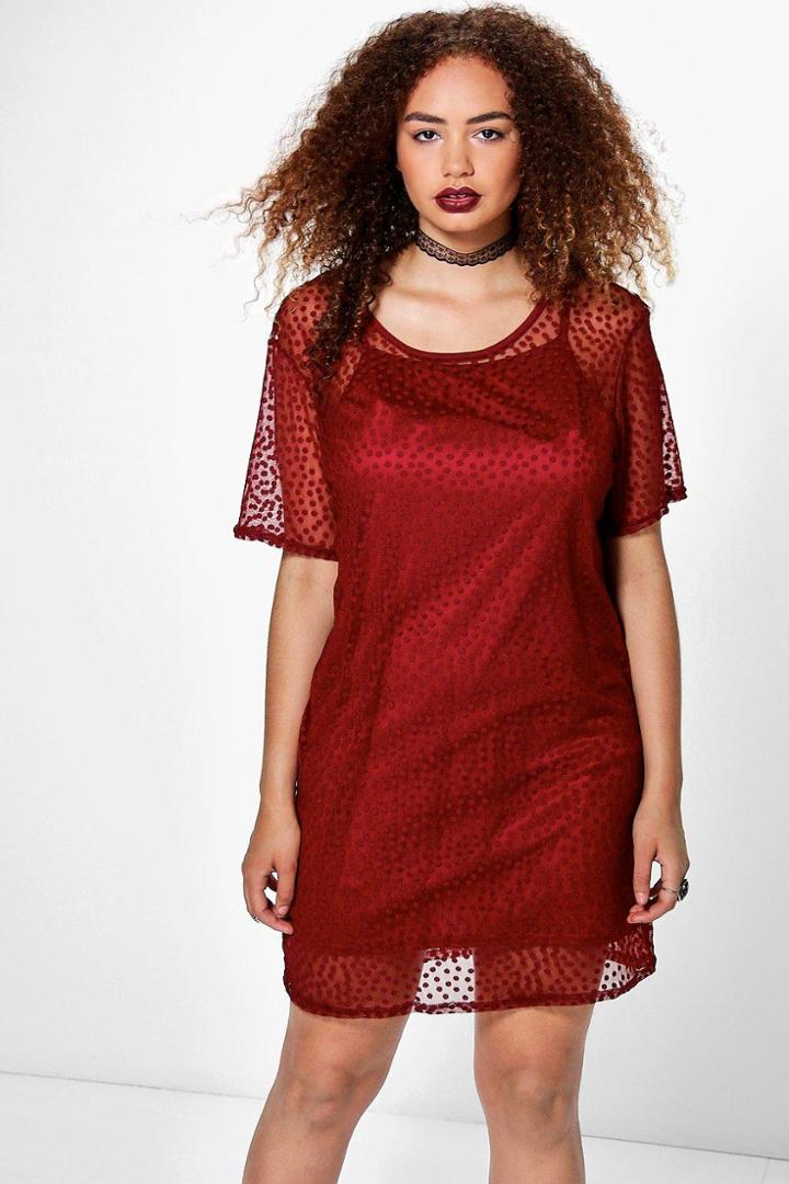 Boohoo Plus Cara Mesh T-shirt Dress Merlot