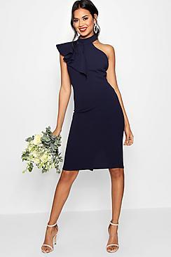 Boohoo Frill Detail High Neck Midi Dress