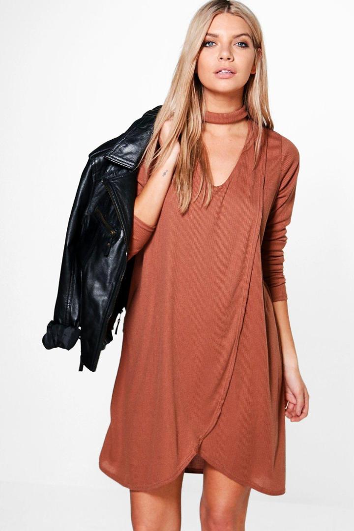 Boohoo Elodie Wrap Front Rib Choker Shift Dress Chestnut