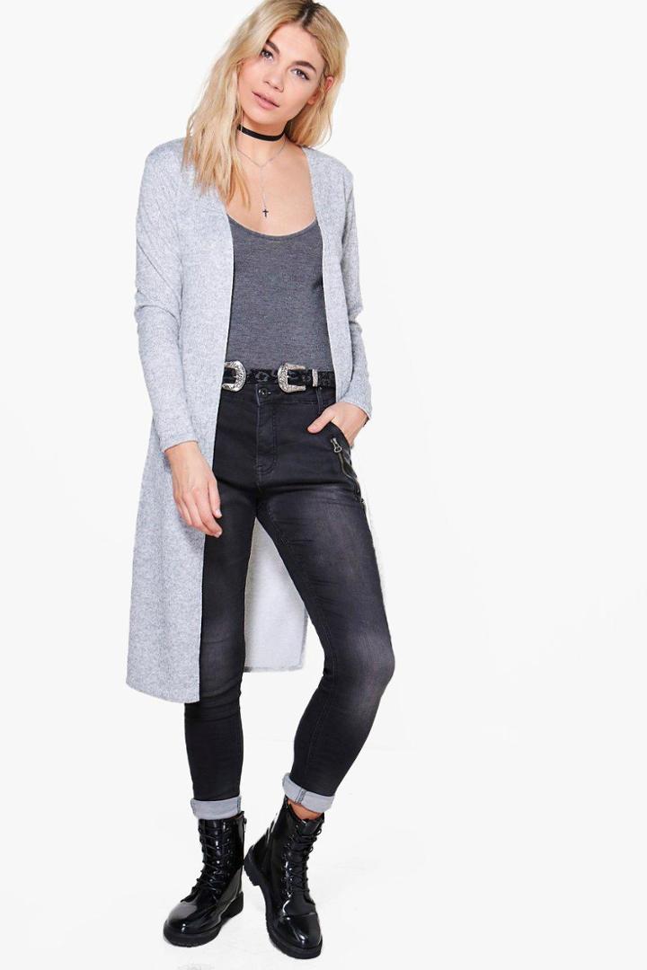 Boohoo Milly Midi Brushed Knit Cardigan Grey