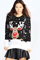 Boohoo Reiny Reindeer Christmas Jumper Black