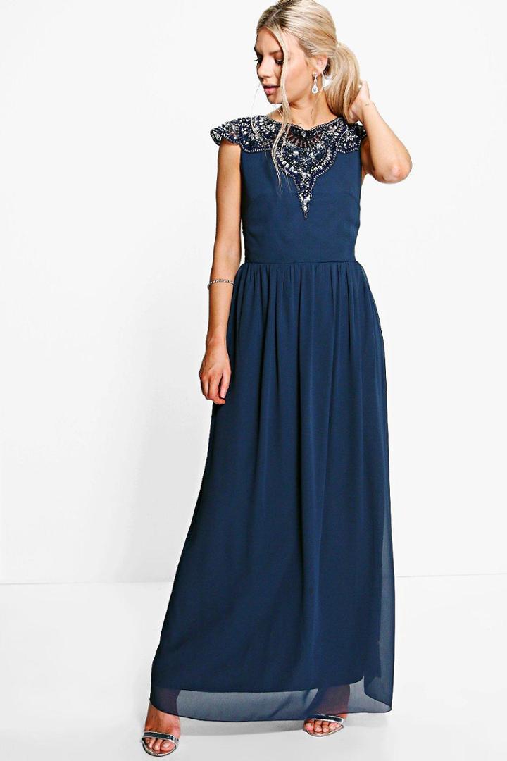 Boohoo Boutique Elin Embellished Chiffon Maxi Dress Navy