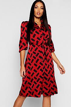 Boohoo Tie Waist Volume Sleeve Shirt Dress