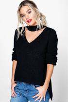 Boohoo Lena Strap Choker V Neck Oversized Jumper Black