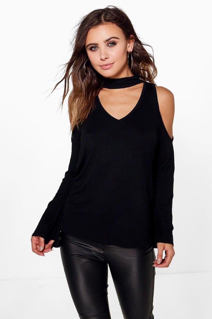 Boohoo Petite Elle Open Shoulder Bell Sleeve Choker Top Black