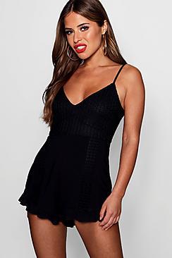 Boohoo Petite Sadie Crochet Lace And Trim Hot Pant Playsuit