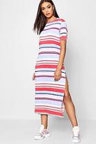Boohoo Multi Stripe High Split Midaxi Tee Dress