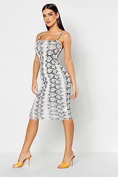 Boohoo Snake Print Square Neck Midi Dress