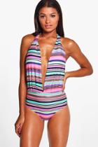 Boohoo Brazil Foil Stripe Deep Plunge Bathing Suit Multi