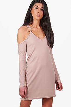Boohoo Niamh Rib O-ring Cold Shoulder Shift Dress