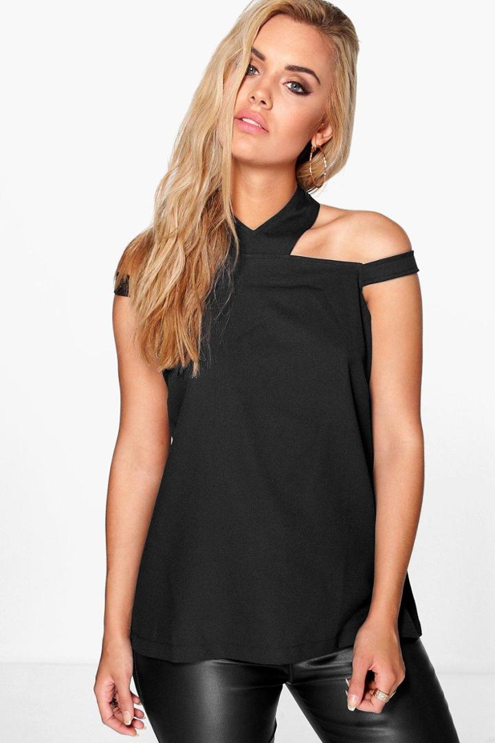 Boohoo Plus Zoe Open Shoulder Halter Neck Woven Top Black