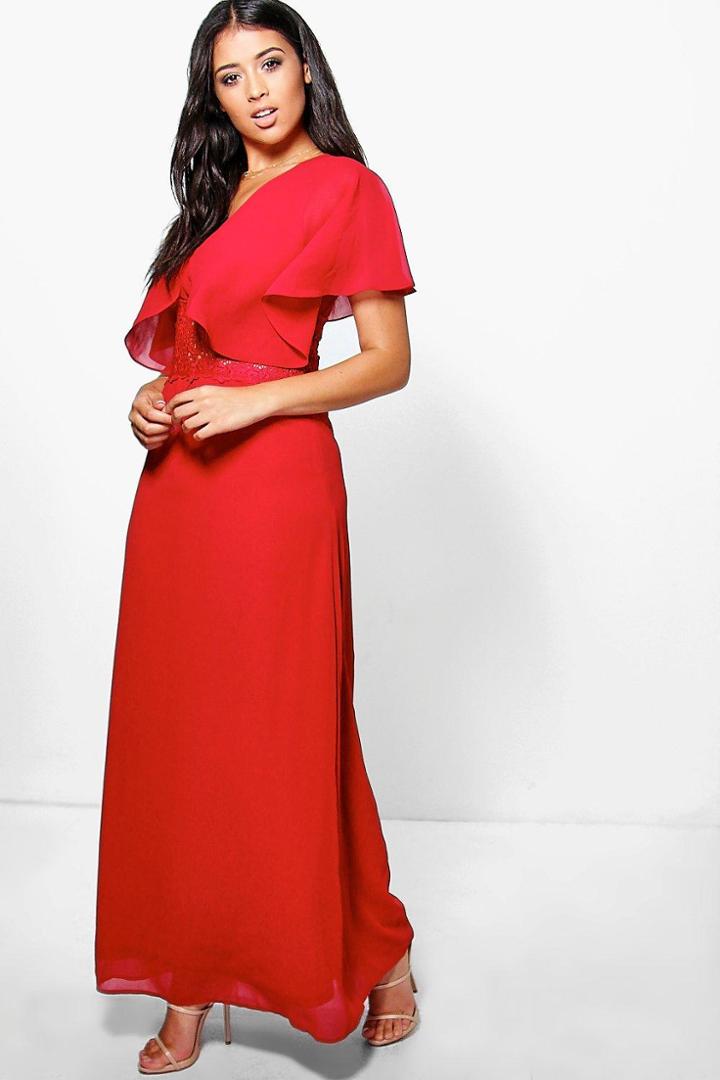Boohoo Amada Angel Sleeve Lace Insert Maxi Dress Berry
