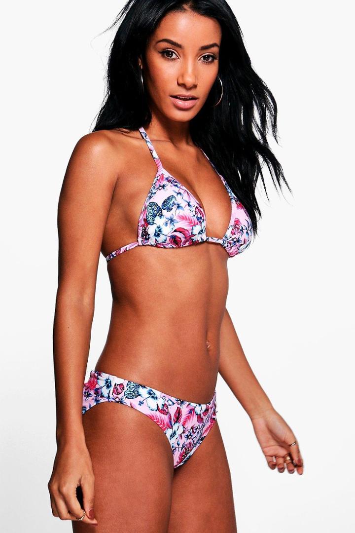 Boohoo Florida Digital Floral Triangle Bikini Pink